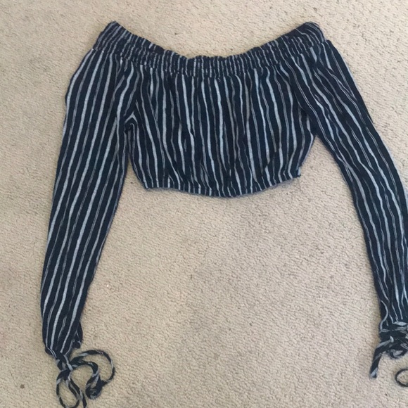 blue and white striped off the shoulder crop top - Picture 4 of 4